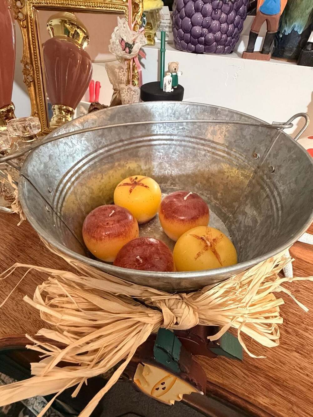 Autumn Fall Decor Bobbing For Apples Floating Candles Rustic Metal Bucket